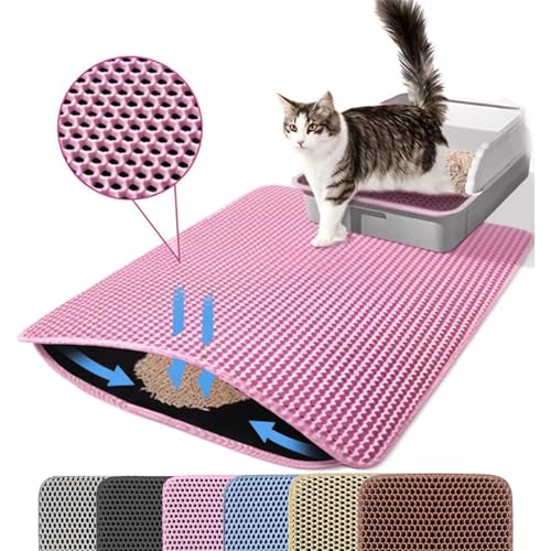 Petinstinct Katzenklo Matte, 75x55cm Extra Große Katzenstreu Matte, Doppelschichtiger Entwurf der Bienenwabe Matte, Wasserdicht und Langlebig, Katzentoilette Unterleger, Rosa von Petinstinct