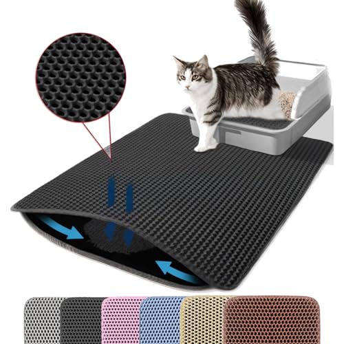 Petinstinct Katzenklo Matte, 75x55cm Extra Große Katzenstreu Matte, Doppelschichtiger Entwurf der Bienenwabe Matte, Wasserdicht und Langlebig, Katzentoilette Unterleger, Schwarz von Petinstinct