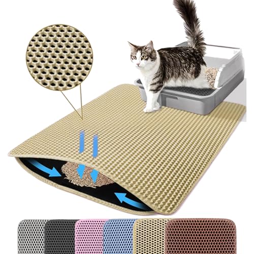 Petinstinct Katzenklo Matte, 60x45cm Große Katzenstreu Matte, Doppelschichtiger Entwurf der Bienenwabe Matte, Wasserdicht und Langlebig, Katzentoilette Unterleger, Khaki Beige von Petinstinct