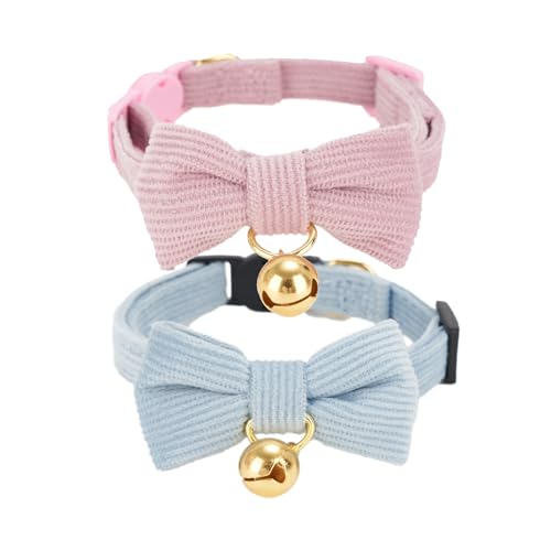 Petiry Katzenhalsband aus weichem Cord, kariert, mit Glocke und Fliege, Sicherheitsverschluss, verstellbar für Katzen (erwachsene Katze, Rosa + Blau) von Petiry