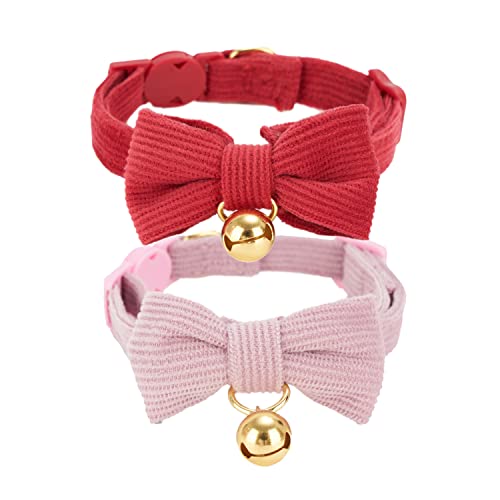 Petiry Katzenhalsband aus weichem Cord, Karomuster, mit Glocke und Fliege, Sicherheitsverschluss, verstellbar für und Katzen, 2 Stück (erwachsene Katze, Rosa + Rot) von Petiry