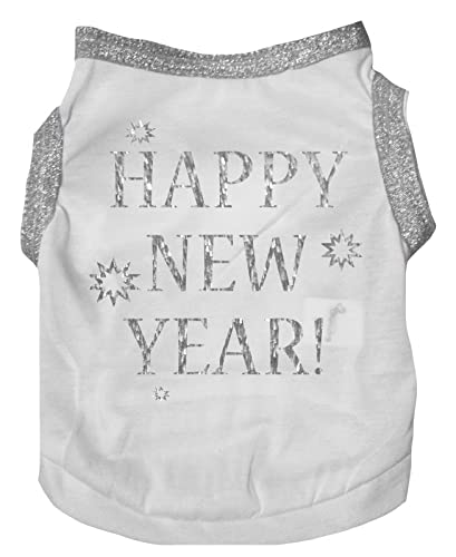 Petitebella Bling Happy New Year Hunde-Shirt für Welpen, Weiß/Silber, Größe M von Petitebella