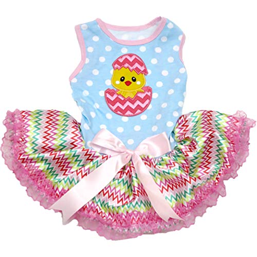 Petitebella Chick Egg Hundekleid für Welpen, Größe XXL, blaue Punkte/Regenbogen-Spitze von Petitebella