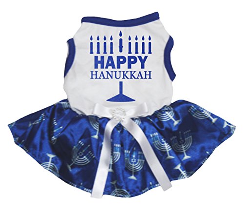 Petitebella Happy Chanukkah weißes Hemd mit blauem Kerzenhalter, Tutu, Welpenkleid, Größe S von Petitebella