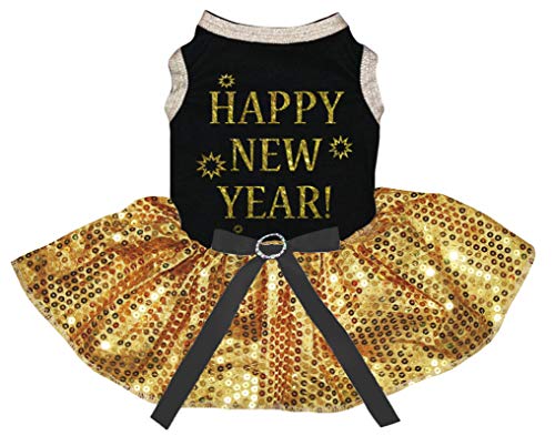 Petitebella Happy New Year Welpen-Hundekleid (schwarz/gelbe Pailletten, Größe L) von Petitebella