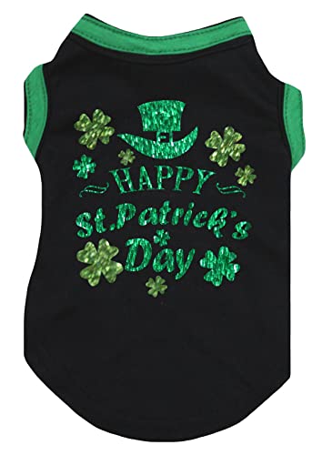 Petitebella High-Hat Happy St Patrick's Day Hunde-Shirt für Welpen, Schwarz / Grün gesäumt, Größe M von Petitebella