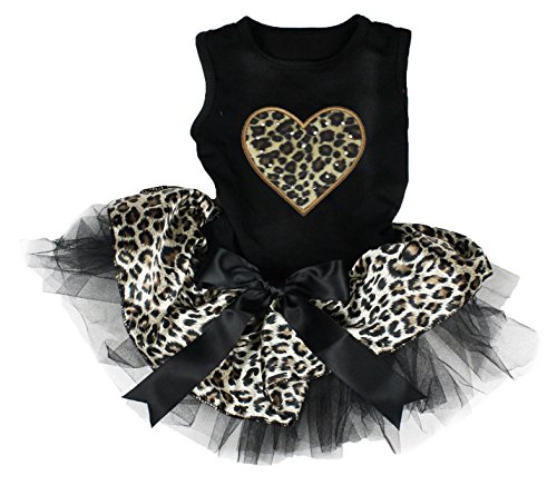 Petitebella Hunde/Welpen Kleidung Hundekostüm Hundekleider Valentine Kleid Schwarz Baumwolle mit Leopard Herz Tutu, Large von Petitebella