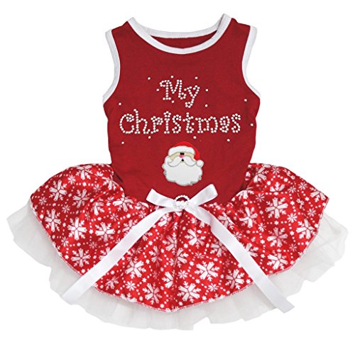 Petitebella Hunde/Welpen Kleidung Kleid Hundekostüm My Christmas Santa Claus Xmas Red Baumwolle Schneeflocke Tutu, XX-Large, Rot von Petitebella