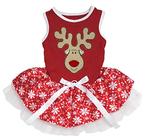 Petitebella Hunde/Welpen Kleidung Kleid Weihnachten Hirsch Rentier Rot Baumwolle Schneeflocke Tutu, Large, Rot von Petitebella