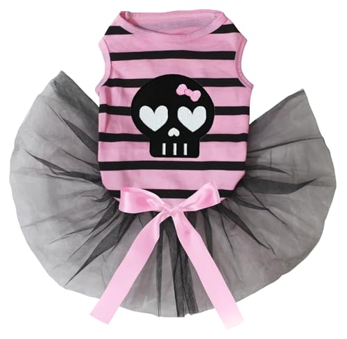 Petitebella Hundekleid mit Totenkopfgesicht, Größe L, Rosa gestreift / Schwarz, Größe L von Petitebella