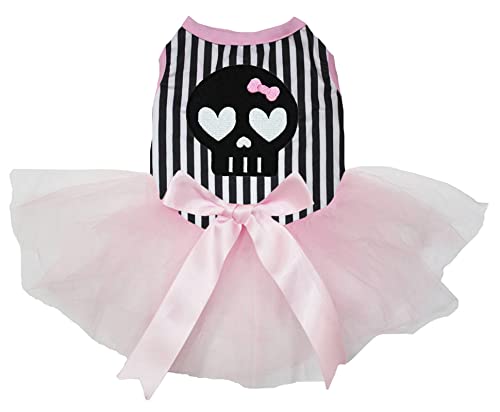 Petitebella Hundekleid mit Totenkopfgesicht, Schwarz (gestreift/rosa, Größe L) von Petitebella