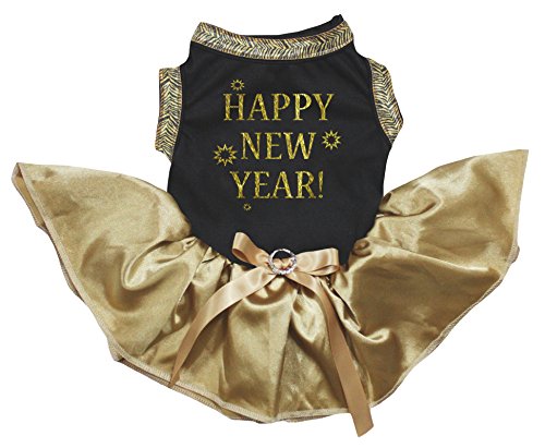 Petitebella Puppy Kleidung Hund Kleid Happy New Year Schwarz Top Gold Tutu, Large, Schwarz/Gold von Petitebella