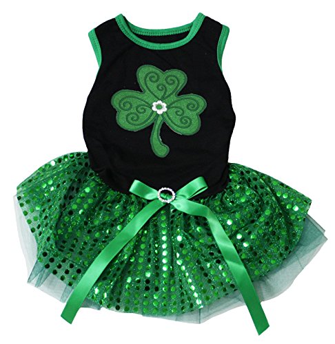 Petitebella Puppy Kleidung Hundekostüm Hundekleider Hund Kleid ST Patrick Tag Grün Clover Schwarz Drucken Top Pailletten Tutu, Large, Grün von Petitebella