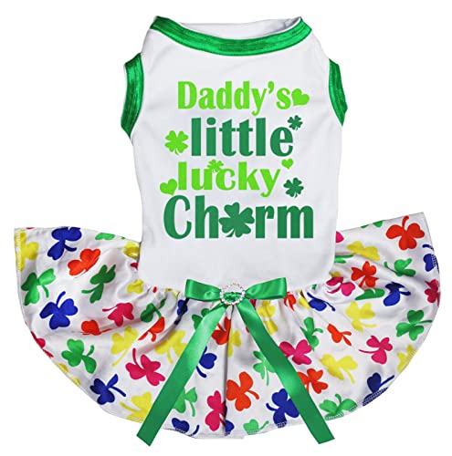 Petitebelle Daddy's Little Lucky Charm Hundekleid für Welpen, Weiß/Regenbogen-Kleeblatt, Größe XS von Petitebelle