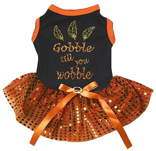 Petitebelle Feathers Gobble Till You Wackelkleid für Welpen, mit Pailletten, Schwarz/Orange, Größe M von Petitebelle