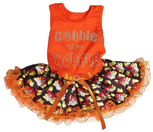 Petitebelle Gobble Til You Wobble Puppy Hundekleid mit Strasssteinen, Orange / Braun, Truthahnspitze, Größe M von Petitebelle