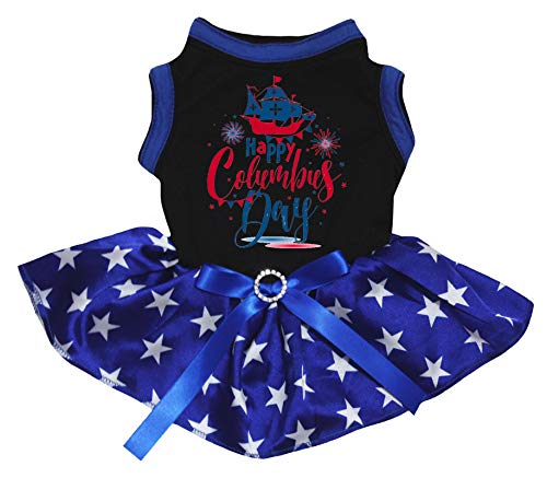 Petitebelle Happy Columbus Day Feuerwerk-Hundekleid für Welpen, schwarz/blaue Sterne, Größe XL von Petitebelle