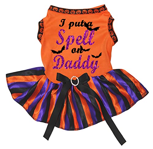 Petitebelle Hundekleid mit Aufschrift "I Put A Spell On Daddy", Orange/Streifen, Größe XXL von Petitebelle