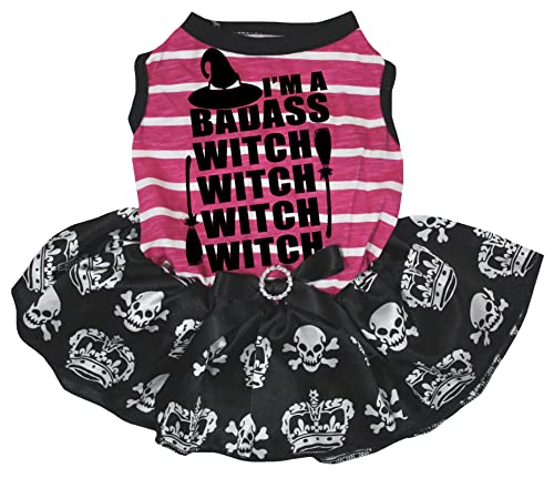 Petitebelle Hundekleid mit Aufschrift "I'm A Badass Witch (Hot Pink Stripes/Crown Skull, Größe S) von Petitebelle