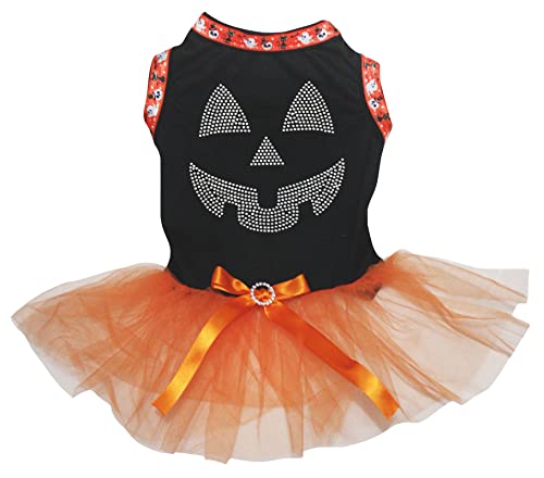 Petitebelle Hundekleid mit Strasssteinen, Kürbisgesicht, Größe XS, Schwarz / Orange von Petitebelle