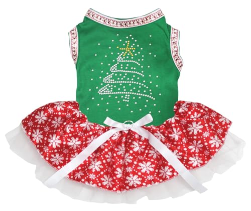 Petitebelle Hundekleid mit Strasssteinen, Weihnachtsbaum-Motiv, Grün/Schneeflocken, Größe XXX-Large von Petitebelle