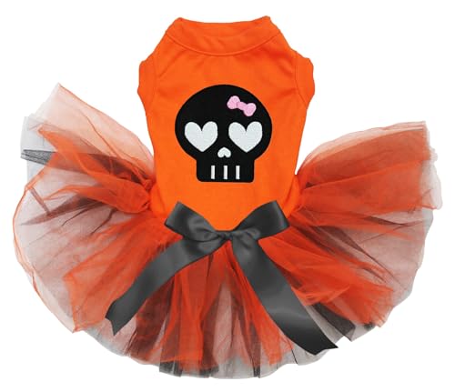 Petitebelle Hundekleid mit Totenkopfgesicht, Größe XL, Orange / Schwarz von Petitebelle