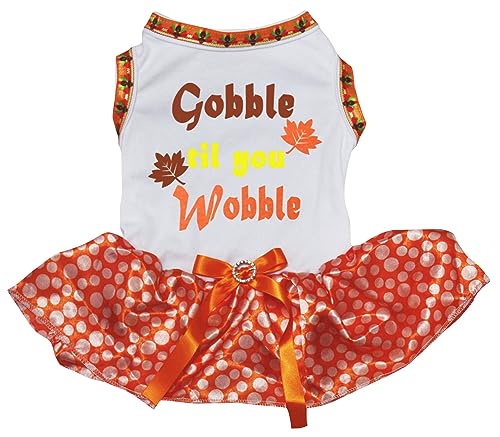 Petitebelle Leaf Gobble Til You Wobble Puppy Dog Dress (Weiß/Orange Dots, Größe XS) von Petitebelle