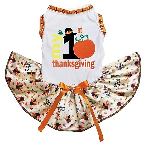 Petitebelle My 1st Pumpkin Thanksgiving Puppy Dog Dress (Weiß/Gobble Truthahn), Größe XL von Petitebelle