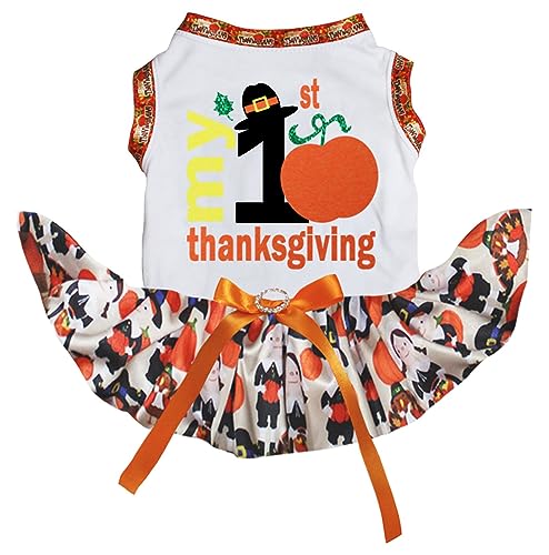 Petitebelle My 1st Pumpkin Thanksgiving Puppy Dog Dress (Weiß/Thanksgiving, Medium) von Petitebelle