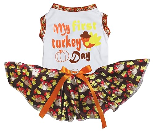 Petitebelle My First Turkey Day Hundekleid für Welpen, Weiß/Braun, Größe XS von Petitebelle