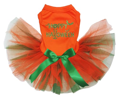 Petitebelle My Halloween Kürbis-Welpen-Hundekleid (Orange/Orange-Grün, Größe XS) von Petitebelle