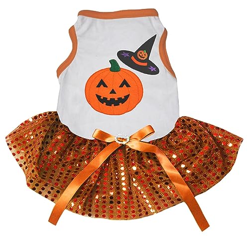 Petitebelle Pumpkin Witch Puppy Dog Dress (Weiß/Orange Pailletten, Größe XS) von Petitebelle