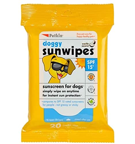 Petkin Hunde-Sonnenschutz-Tücher, Sonnenschutz für Hunde, LSF 15, einfach abwischbar für sofortigen Sonnenschutz, inklusive 20 Feuchttücher in Jumbo-Größe, Vanille-Kokos-Duft, ideal für Zuhause oder von Petkin