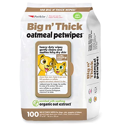 Petkin Pet Wipes - Big 'n Thick Extra Large Oatmeal Pet Wipes - Reinigt Gesicht, Ohren, Körper und Augenpartie - Super praktisch, ideal für Zuhause oder auf Reisen - Tücher für von Petkin