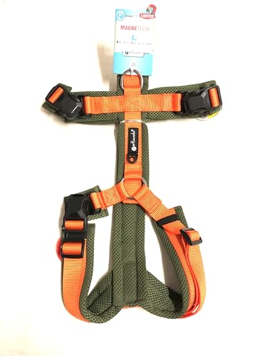 Petlando MAGNETECH Hundebrustgeschirr Y-Comfort Orange/Olive L (Halsumfang 46-80 cm, Brustumfang 56-82 cm, 4 cm breit) von Petlando