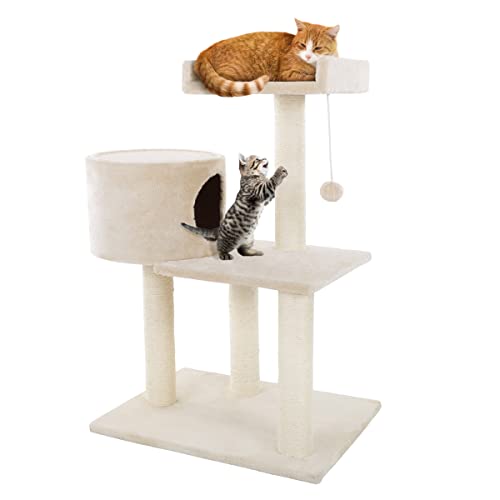 PETMAKER 3-stöckiger Katzenturm – 2 Nickerchen Sitzstangen, Katzenhütte, 4 Sisalseil-Kratzbäume, Hängendes Spielzeug – Katzenbaum für Indoor-Katzen (Beige) von Petmaker