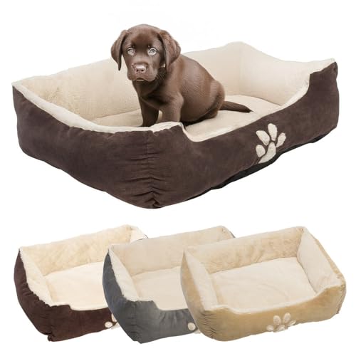 Petnic - Hundebett ca. 60x48x18 cm - Braun - Plüsch flauschig mit Rand weich für kleine bis mittelgroße Hunde Katzenbett Hundekissen Beige Haustierbett eckig ca. 60x50 cm von Petnic