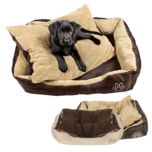 Petnic Murago Hundebett ca. 75x58x19 cm mit herausnehmbarem Kissen - Beige - waschbar flauschig für mittelgroße Hunde Hundekissen eckig ca. 75x60 cm Braun Plüsch von Petnic