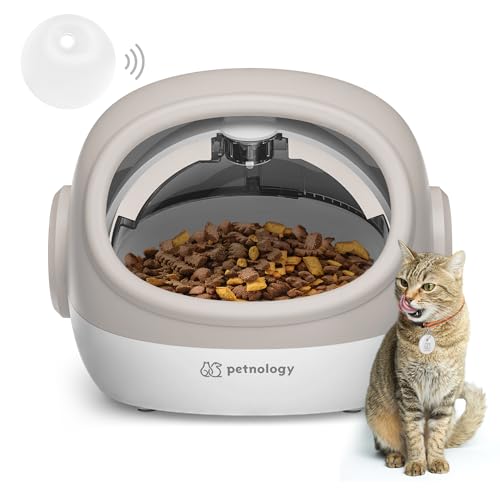 Petnology RFID Automatischer Katzenfutterspender, Zeitgesteuerter Katzenfutterspender mit Leuchthalsbandanhänger, Beige von Petnology