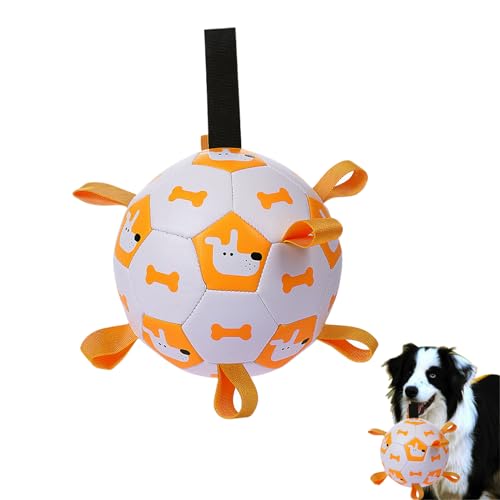 Petokix Hunde-Fußball-Spielzeug mit Riemen, unzerstörbarer Chewie-Pets, Supreball mit Etiketten, kichernder Kau-Stimulation mit Griff, Haltegurt für große Hunde, Orange, Größe S (15,2 cm) von Petokix