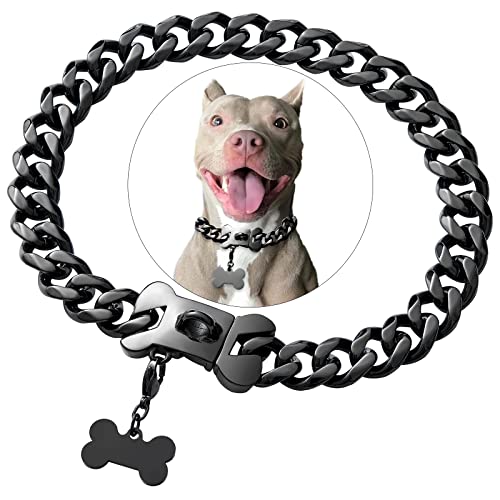 Cuban Black Link Heavy Duty Hundehalsband, 25,4 cm - 66 cm breit, Edelstahl, Luxus-Hunde-ID Namensschild, Halskette, personalisiertes Halsband für kleine, mittelgroße und große Hunde von Petoo