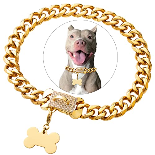 Edelstahl-Halskette mit kubanischem Goldgliedern, strapazierfähig, für kleine, mittelgroße und große Hunde, amerikanische Bulldogge, französische Bulldogge, mit Zirkonia, luxuriöse Sicherheitsmarke von Petoo