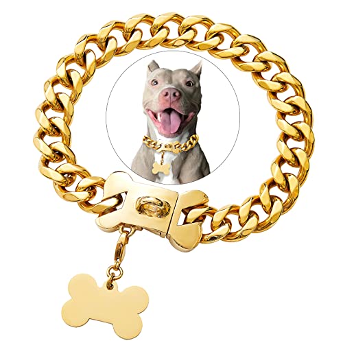 Gold Edelstahl Cuban Link Heavy Duty Dog Chains Dog Collar Necklace for Small Medium Large Dogs American Bully French Bulldog with Safety Buckle von Petoo