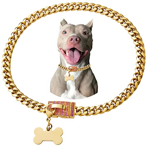 Goldene Edelstahl-Halskette mit kubanischem Glieder, strapazierfähig, personalisierbar, Hundehalsband für kleine, mittelgroße Hunde, amerikanische Bulldogge, französische Bulldogge, mit Zirkonia, von Petoo