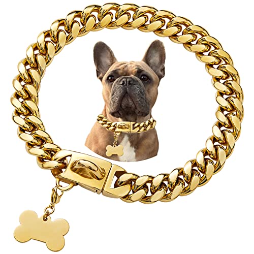 Hundehalsband, Edelstahl, Metallschnalle, coole Charm-Haustier-Bulldogge-Schmuck-Halskette, wasserdicht, Roségold, Schwarz, Silber, Hundehalsband für kleine, mittelgroße und große Hunde von Petoo