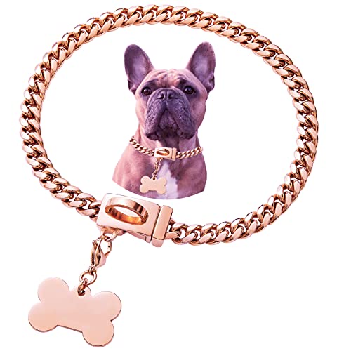 Hundehalsband, Edelstahl, Metallschnalle, coole Charm-Haustier-Bulldogge-Schmuck-Halskette, wasserdicht, Roségold, Schwarz, Silber, strapazierfähig, Anti-Kau-Panzerketten, Hundehalsband für kleine, mittelgroße und große Hunde von Petoo