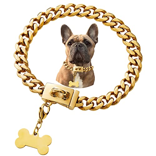 Hundehalsband, Edelstahl, Metallschnalle, coole Charm-Haustier-Bulldogge-Schmuck-Halskette, wasserdicht, Roségold, Schwarz, Silber, strapazierfähig, Anti-Kau-Panzerketten, Hundehalsband für kleine, mittelgroße und große Hunde von Petoo