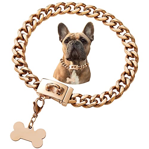 Hundehalsband, Edelstahl, Metallschnalle, coole Charm-Haustier-Bulldogge-Schmuck-Halskette, wasserdicht, Roségold, Schwarz, Silber, strapazierfähig, Anti-Kau-Panzerketten, Hundehalsband für kleine, mittelgroße und große Hunde von Petoo