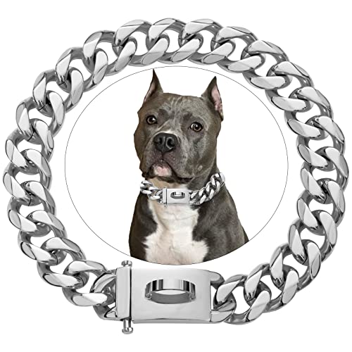 Hundehalsband, luxuriös, kubanische Glieder, personalisierbar, Edelstahl, personalisierbar, mit Premium-Schnalle, klein, mittel, groß, 25,4 - 66 cm, silberfarben von Petoo