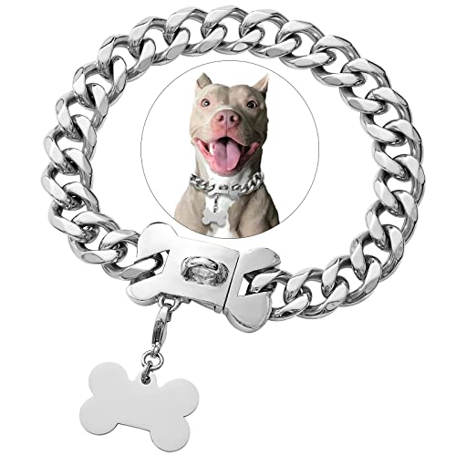 Hundehalsband aus Edelstahl, kubanische Silberkette, robuste Halskette für kleine, mittelgroße und große Hunde, amerikanischer Bulldogge, Hundehalsband mit Zirkonia, luxuriöse Sicherheit, personalisierte Hundemarke von Petoo